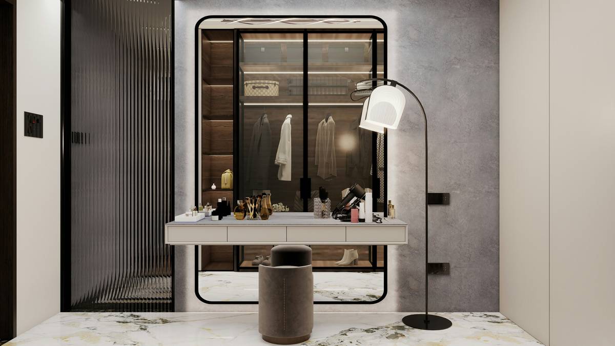 Modern walk-in closet with under-shelf LED strips and motion-activated closet lighting ideas